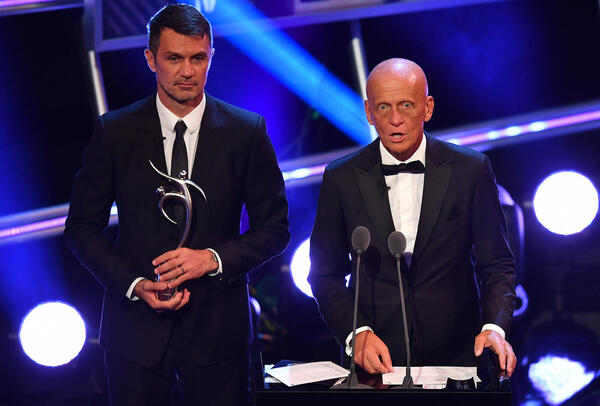 "Former Italian referee Pierluigi Collina (R) and former Italy and AC Milan defender Paolo Maldini"