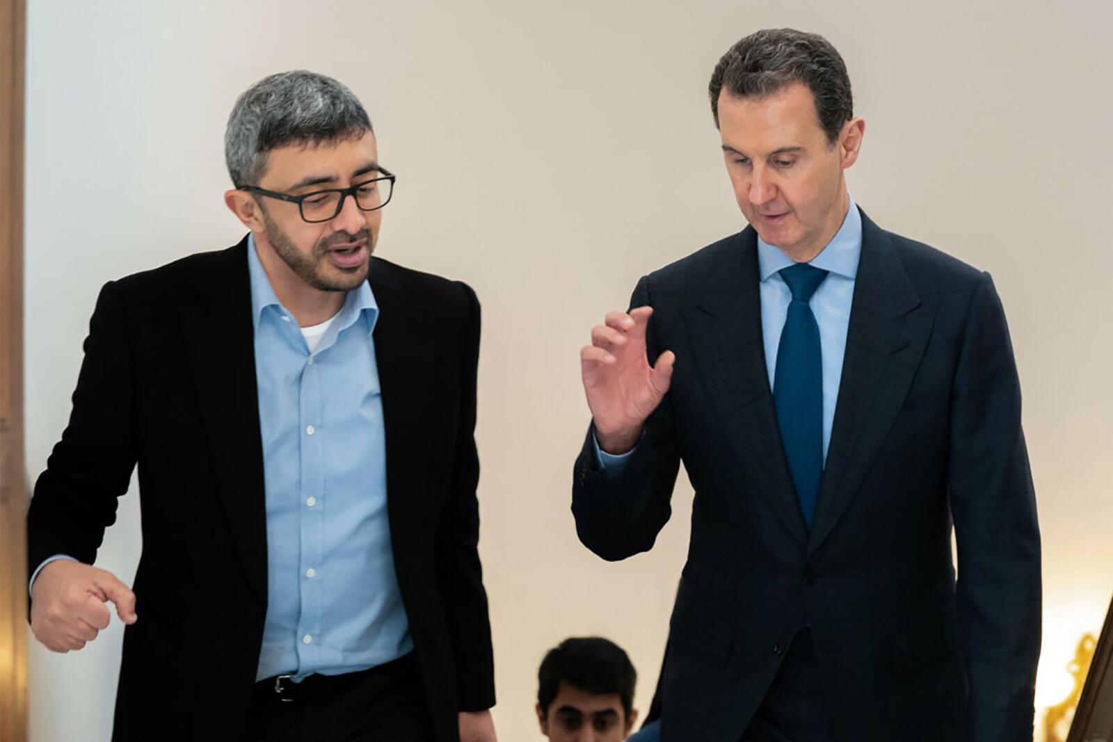 President Bashar al-Assad (R) welcoming Emirati Foreign Minister Sheikh Abdullah bin Zayed al-Nahyan in Damascus 