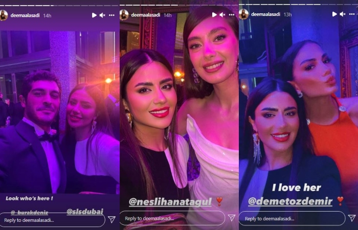 Deema Al Asadi selfies with Burak Deniz Neslihan Atagül Demet Özdemir dubai SLS