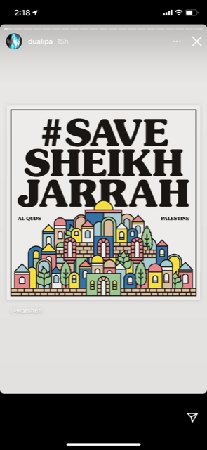 Dua Lipa Palestine Jerusalem Sheikh Jarrah Israeli settlers international media silence normalization Anwar Hadid Bella Mohamed