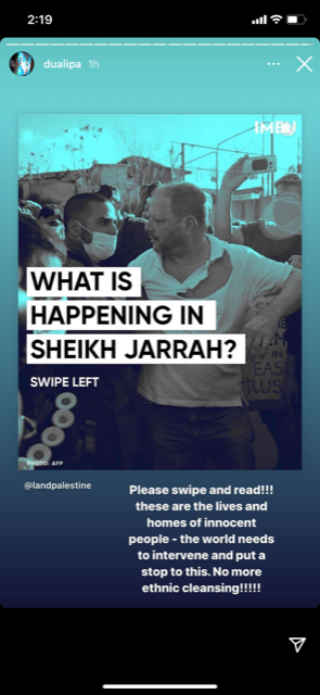 "Dua Lipa Palestine Jerusalem Sheikh Jarrah Israeli settlers international media silence normalization Anwar Hadid Bella Mohamed"