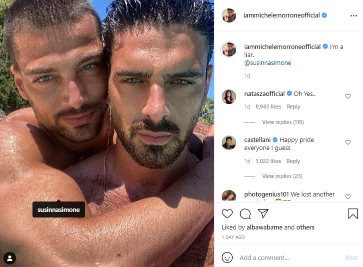 Michele Morrone gay Simone Susinna hugging coming out lgbt pride month