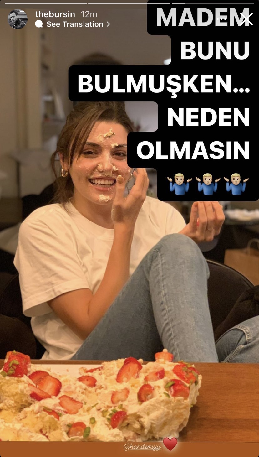 Kerem Bürsin shares picture of hande ercel's face covered with cake couple goals Kerem Bürsin, Hande Erçel'in yüzünü pastayla kapatan çift gollü fotoğrafını paylaştı