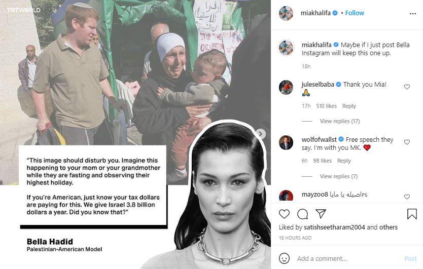 ""Bella Hadid Mia Khalifa Instagram Delete Posts Palestine Israel Sheikh Jarrah neighborhood ex porn star