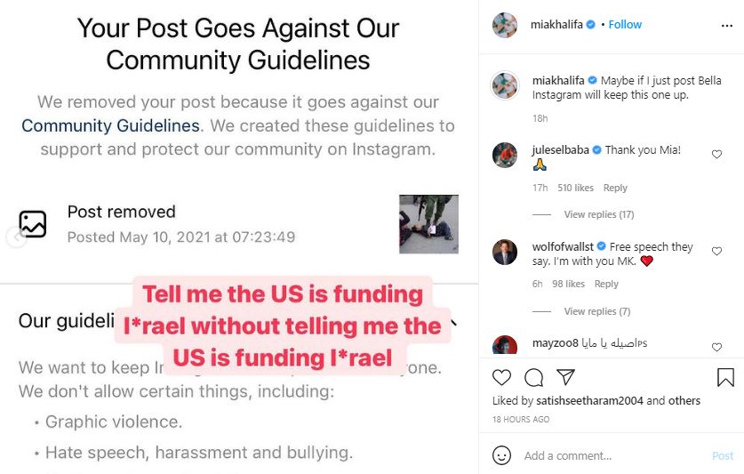 "Bella Hadid Mia Khalifa Instagram Delete Posts Palestine Israel Sheikh Jarrah neighborhood ex porn star"