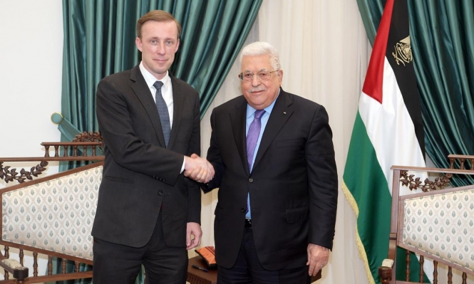 ""الرئيس الفلسطيني محمود عباس خلال استقباله مستشار الأمن القومي الأمريكي جيك سوليفان