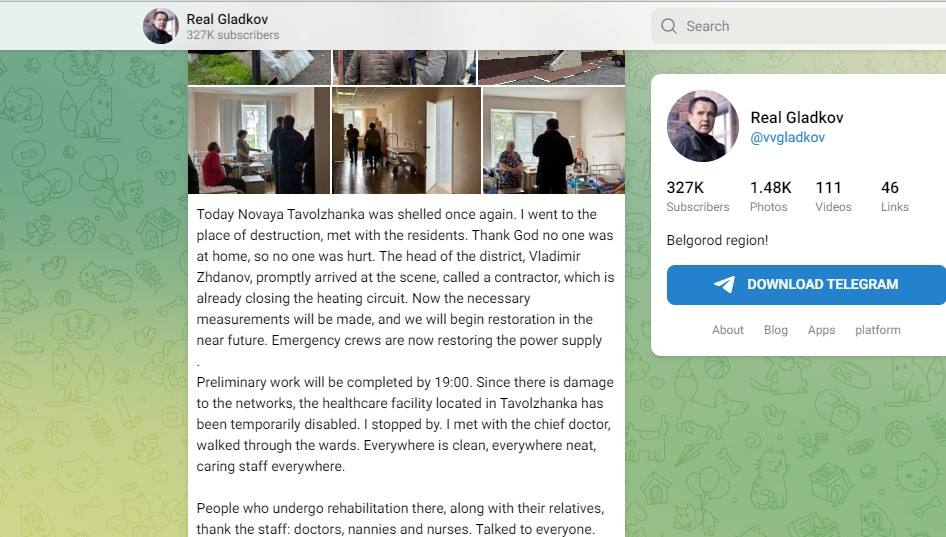 Screenshot of Vyacheslav Gladkov comment on Telegram.