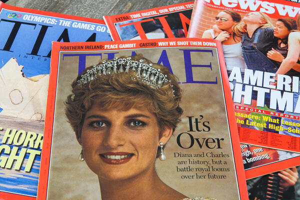 Viersen, Germany - December 28. 2019: Close up of Time magazine cover with report about Lady Diana in the 1990s. Shutterstock image.