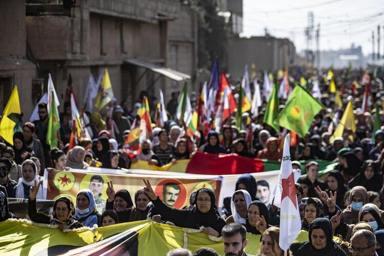 Syrian Kurds protesting Turkish drone strikes. 