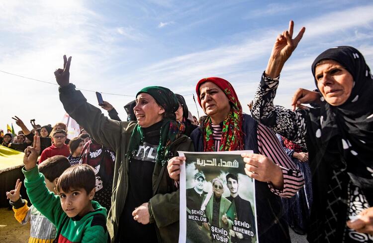 Syrian Kurds protesting Turkish drone strikes. 
