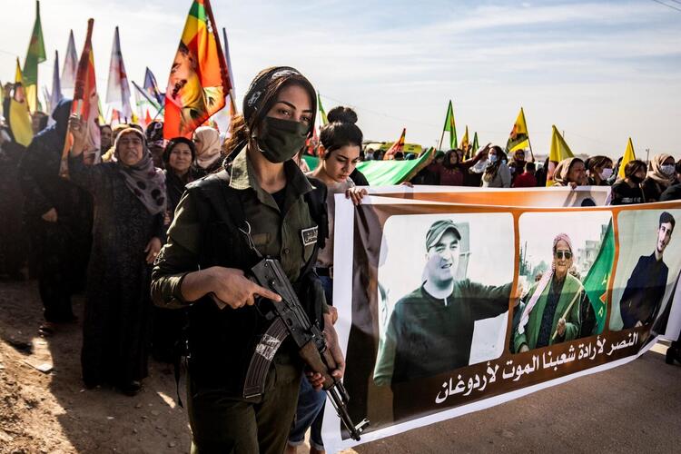 Syrian Kurds protesting Turkish drone strikes. 