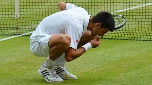 "Novak Djockovic eating grass"