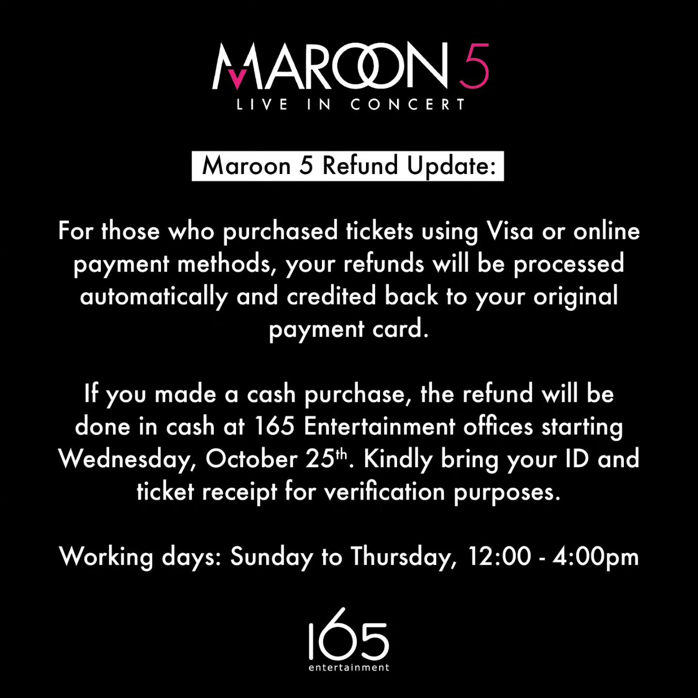 refund process of Maroon 5 cancelled concert in Amman