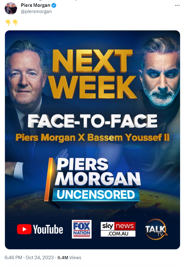 Bassem Youssef statements with Piers Morgan supporting Palestine