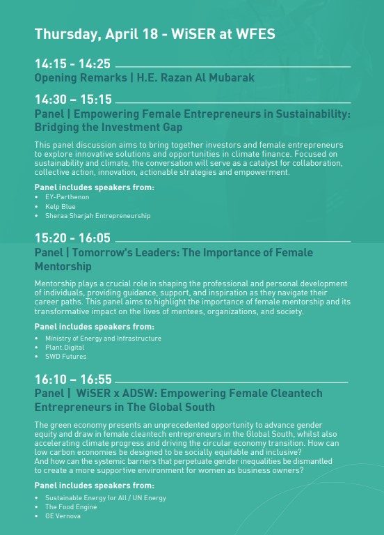 WiSER to Spotlight Role of Women Entrepreneurs and Mentors at World Future Energy Summit 2024