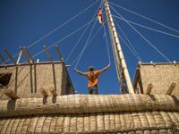A team of two dozen researchers and volunteers from eight countries are preparing to set out in mid-August on a 1,300 kilometres (700 nautical mailes or 800 miles) journey to test the hypothesis that prehistoric trade routes traversed the high seas. NIKOLAY DOYCHINOV / AFP