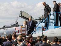 Russian President Vladimir Putin (C) and his Turkish counterpart Recep Tayyip Erdogan (R) inspect Sukhoi Su-57 fifth-generation fighter during the MAKS-2019 International Aviation and Space Salon opening ceremony in Zhukovsky outside Moscow on August 27, 2019.  Maxim SHIPENKOV / POOL / AFP