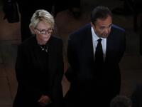 Claude Chirac, daughter of late French president Jacques Chirac, and her husband Frederic Salat-Baroux leave Saint Sulpice church in the Paris following her father's final service on September 30, 2019.  Francois Mori / POOL / AFP