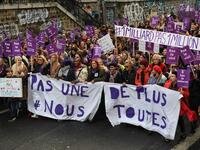 French actress Alexandra Lamy, French actress Julie Gayet, French actress Nadege Beausson Diagne, French director and actress Eva Darlan, French senator and former minister Laurence Rossignol, French humorist and activist Muriel Robin, French actress Anne Le Nen and French artist Orlan take part in a protest to condemn violence against women, on November 23, 2019, in Paris. Alain JOCARD / AFP