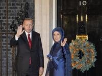 Turkish President Recep Tayyip Erdogan and his wife Emine arrive at 10 Downing Street in central London on December 3, 2019, to attend reception hosted by Britain's Prime Minister Boris Johnson ahead of the NATO alliance summit. NATO leaders gather Tuesday for a summit to mark the alliance's 70th anniversary but with leaders feuding and name-calling over money and strategy, the mood is far from festive. Niklas HALLE'N / AFP