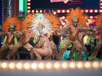 Dancers perform on the main stage in the Battle of the Troops contest during carnival celebrations in Santa Cruz de Tenerife, on the Spanish Canary island of Tenerife, on February 15, 2020. The event begins on January 24 and finishes on March 1 with orchestras playing Caribbean and Brazilian rhythms throughout the festivities that range from the election for the Carnival Queen, the Junior Queen and the Senior Queen, children and adult murgas (satirical street bands), comparsas (dance groups) to performances