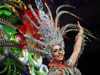 A participant presents her outfit during the Queen of the Carnival pageant contest in Santa Cruz de Tenerife, on the Spanish Canary island of Tenerife, on February 19, 2020. Gabriel BOUYS / AFP