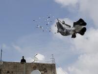 A pigeon owner, wearing personal protective equipment, watches his pigeons fly on the rooftop of his building in the southern suburb of Beirut on April 11, 2020. ANWAR AMRO / AFP