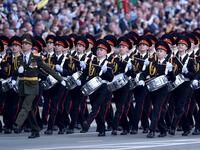 A military band takes part in a military parade to mark the 75th anniversary of the Soviet Union's victory over Nazi Germany in World War Two, in Minsk on May 9, 2020. Sergei GAPON / AFP