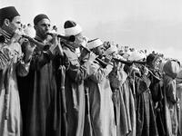 Musicians play during a ceremony on the Grand Socco place, in October 1945 in Tangiers, Morocco. AFP