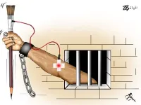 Cartoonists denounce the arrest of Emad Hajjaj through Art. (Mousa Ajjawi/ Twitter)