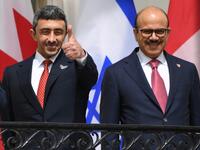 (L-R) UAE Foreign Minister Abdullah bin Zayed Al-Nahyan and Bahrain Foreign Minister Abdullatif al-Zayani pose before they participate in the signing of the Abraham Accords where the countries of Bahrain and the United Arab Emirates recognize Israel, on the South Lawn of the White House in Washington, DC, September 15, 2020.