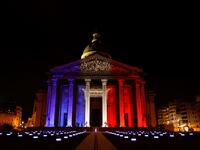 The colours of the French flag are projected on the facade of the Pantheon mausoleum during a national tribute for Late French writer Maurice Genevoix and 'Men of 14' as part of Armistice Day commemorations marking the end of World War I, on November 11, 2020, in Paris, as part of the commemorations marking the 102nd anniversary of the November 11, 1918 Armistice, ending World War I (WWI). CHRISTIAN HARTMANN / POOL / AFP