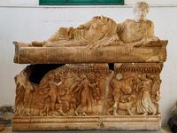 a view of a Dionysiac stone sarcophagus depicting the god Dionysius riding a lion, on display at the Cyrene Museum which houses Greco-Roman artefacts, in the eastern Libyan town of Shahat