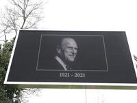 An advertising billboard displays a picture in honour of Britain's Prince Philip, Duke of Edinburgh 