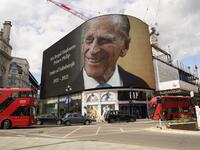 The electronic billboard at Piccadilly Circus displays a tribute to Britain's Prince Philip, Duke of Edinburgh in central London on April 9, 2021 