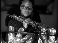 A musician in foil gloves is playing an instrument