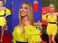 Chrishell Stause arrived on the carpet in bright yellow dress, showing off her tanned figure and cleavage. 