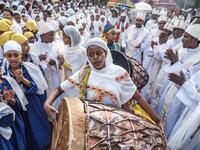 Ethiopian Orthodox devotees chant during the religious celebration of Saint Michael in the city of Bahir Dar, Ethiopia