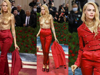 Cara Delevingne in a red Dior suit