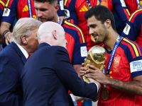 FIFA President Infantino and US President Trump hand World Cup trophy to Spanish player Rodri