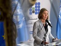 High Representative of EU for Foreign Affairs and Security Policy Federica Mogherini speaks to the media following a meeting as part of an international conference on the future of Syria and the region in Brussels on April 24, 2018. Virginia Mayo/AFP