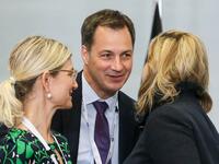Belgium's deputy PM and Minister for Development Cooperation Alexander De Croo, Danish Minister for International development Ulla Tornaes (facing) and UK Secretary of State for International Development Penny Mordaunt meet at the conference on 'Supporting the future of Syria and the region' in Brussels on April 25,2018. 
Stéphanie Lecocq/AFP