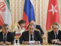Russian Foreign Minister Sergei Lavrov speaks during a meeting with his Turkish and Iranian counterparts in Moscow on April 28, 2018. Alexander NEMENOV / AFP