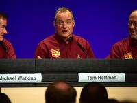 NASA engineer and project manager Tom Hoffman (C), flanked by Michael Watkins (L) and Bruce Banerdt (R) speak during press conference after the successful landing.
CREDITFREDERIC J. BROWN / AFP
