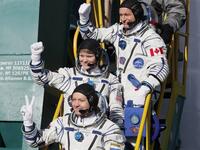 Top-bottom: Members of the International Space Station (ISS) expedition 58/59, gesture as they board the Soyuz MS-11 spacecraft shortly before the launch at the Russian-leased Baikonur cosmodrome in Kazakhstan on December 3, 2018. 
Shamil ZHUMATOV / POOL / AFP