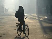 In this photograph, an Afghan resident rides a bicycle with his face covered amid heavy smog conditions in Afghanistan's capital Kabul. 
WAKIL KOHSAR / AFP