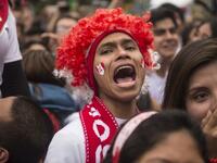Peruvian football fans react as they watch their team's 2018 World Cup football match against Denmark on a big screen at a park in Lima, on June 16, 2018. 
ERNESTO BENAVIDES / AFP