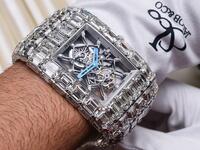 Jacob & Co. Billionaire Watch  at $18 million: The Billionaire Watch has 260 carats of emerald-cut diamonds, 167 individual components, and 19 jewels. The bracelet and watch face are one seamless construction made in 18K white gold. (ablogtowatch.com)