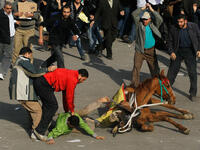 A supporter of embattled Egyptian president Hosni Mubarek is thrown from a horse.