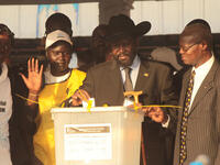 Salva Kiir Mayardit, acting President of the Government of Southern Sudan, casts his vote during the first day of voting for the independence referendum in the southern Sudanese city of Juba, Sudan.